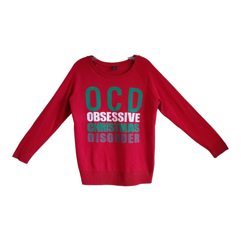 LOL VINTAGE Women L Sweater OCD Obsessive Christmas Disorder Red Green Bust 38"